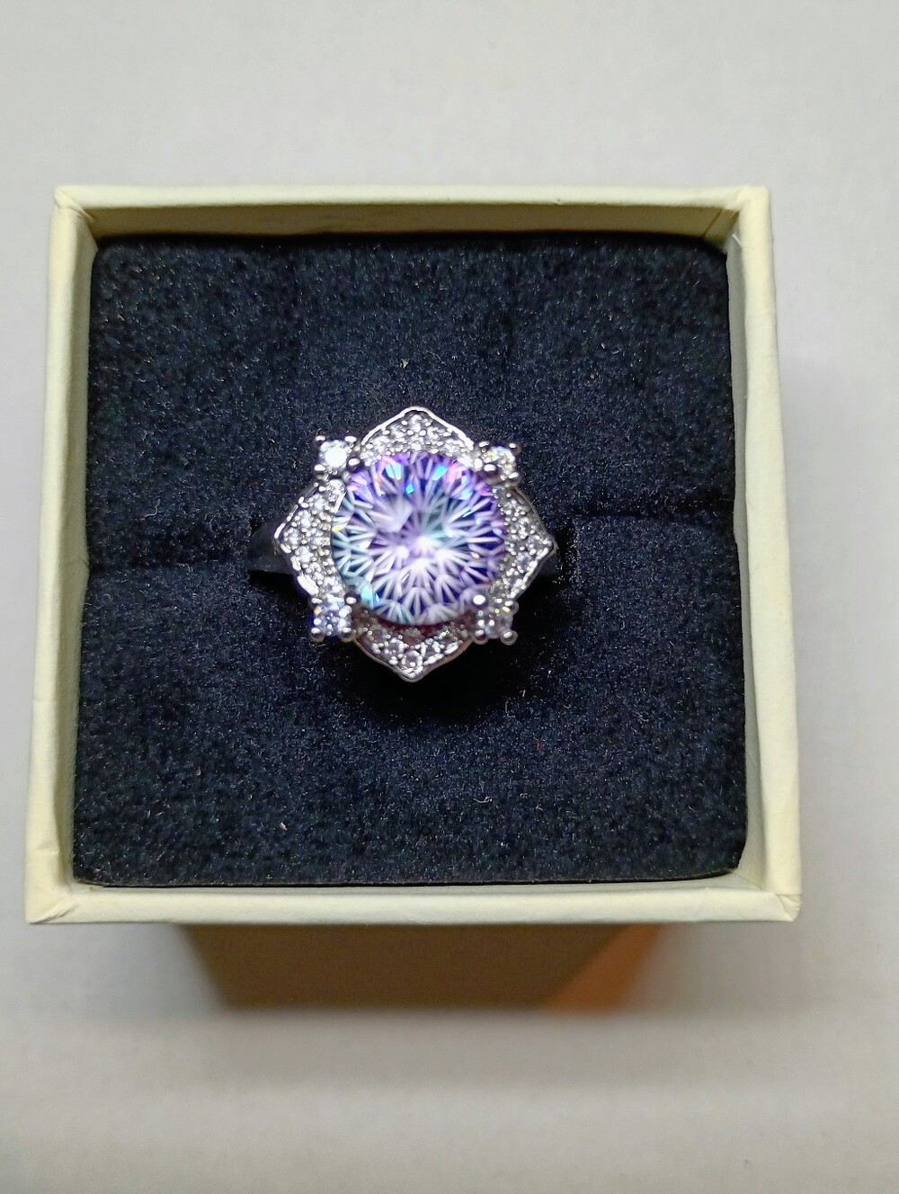 New Silver Tone Floral Halo Ring with Iridescent Purple Center